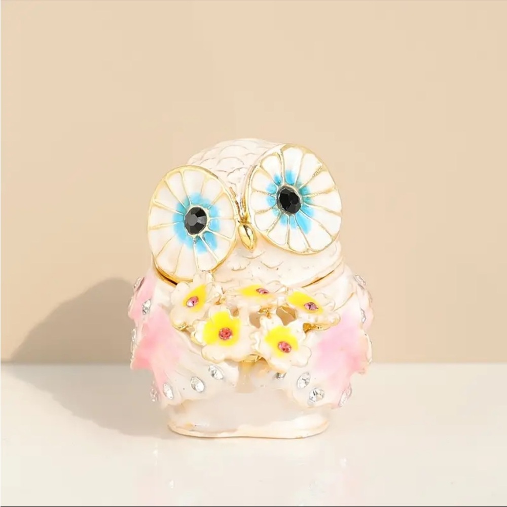 Pink White Owl Trinket Box Floral Crystal Enamel Hinged Jewelry Keepsake